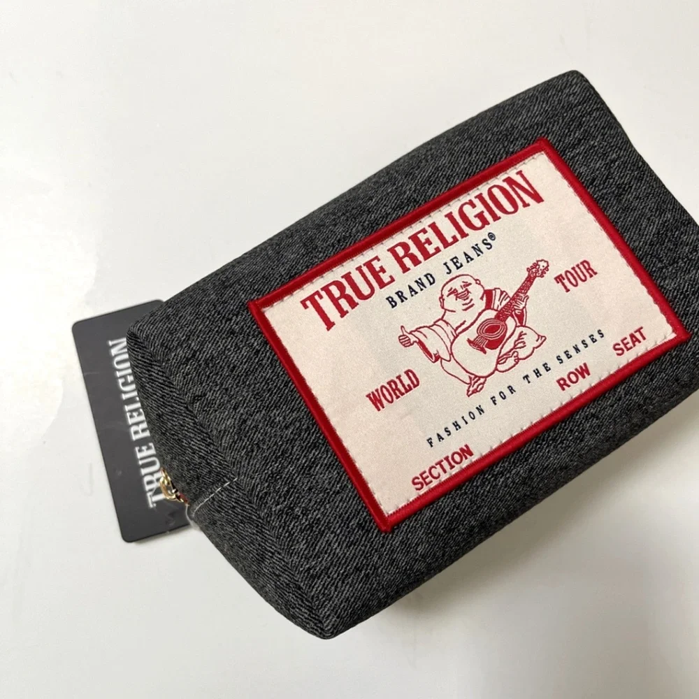 NWT True Religion Loaf Cosmetics Toiletry Travel Bag Gray Denim Buddha Patch